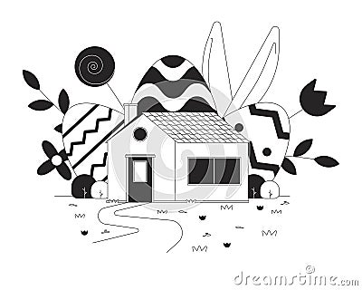 Home Easter celebration black and white 2D illustration concept Vector Illustration