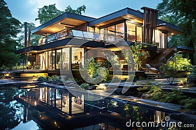 Home ecological architecture aesthetic with solar panels on its roof Stock Photo