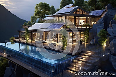 Home ecological architecture aesthetic with solar panels on its roof Stock Photo