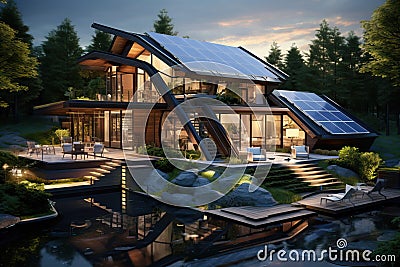 Home ecological architecture aesthetic with solar panels on its roof Stock Photo