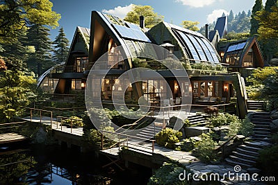 Home ecological architecture aesthetic with solar panels on its roof Stock Photo