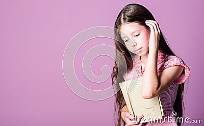 Home education. Happy childhood. small girl read interesting story. fiction book. keep her secrets in diary. book store Stock Photo