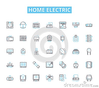 Home electric linear icons set. Voltage, Amperage, Wattage, Circuit, Outlet, Switch, Fuse line vector and concept signs Vector Illustration