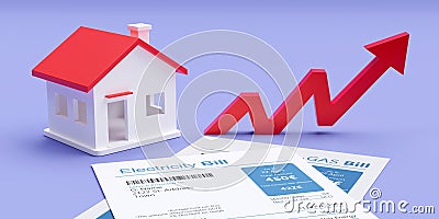 Home electricity heating and water cost increase. House, bills and arrow up Stock Photo