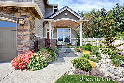 Home exterior with garage and patio area Stock Photo