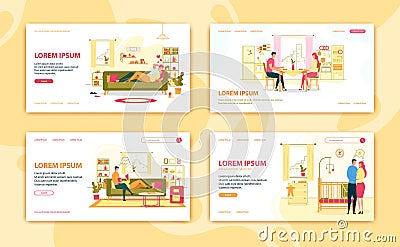 Daily Home Family Activities Flat Lading Page Set Vector Illustration