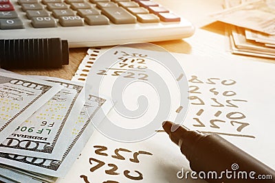 Home finances. Paper with calculations, calculator and money. Stock Photo