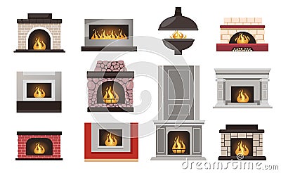 Home fireplace collection. Cartoon house hearth with grate and firewood flame, flat electric coal gas bio-fuel stove Vector Illustration