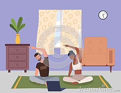 Home fitness. Young couple doing yoga in living room. Sports exercises and stretching, pair yoga Stock Photo
