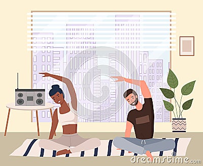 Home fitness. Young couple doing yoga in living room. Sports exercises and stretching, pair yoga Vector Illustration