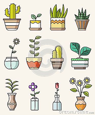 Vector isolated flat style colorful icons of home flowers and plants icons Vector Illustration
