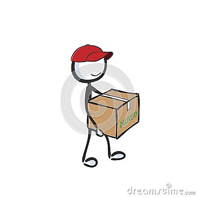 Home food delivery. Door delivery. Postman with parcel. Hand drawn. Stickman cartoon. Doodle sketch, Vector graphic illustration Cartoon Illustration