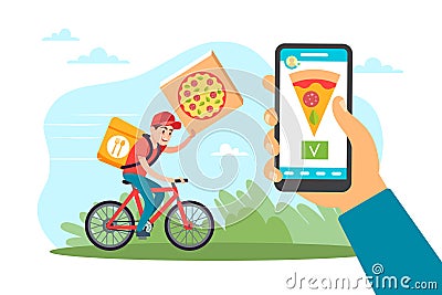 Home food delivery service, online mobile ordering application, catering industry. Boy on bicycle fast courier, express Vector Illustration