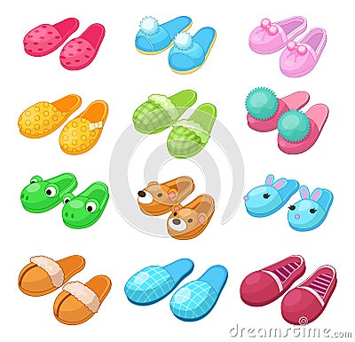 Home footwear - pairs slippers, textile domestic garment clothing soft fabric. Vector Illustration