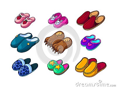 Home footwear - pairs slippers, textile domestic outfit element or garment shoes soft fabric. Comfortable kids and adult footwear Vector Illustration