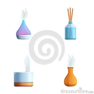 Home fragrance icons set cartoon . Incense stick and aroma lamp Stock Photo