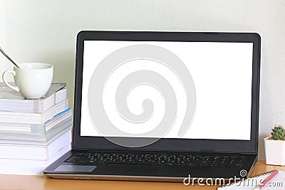 Home freelance desktop with open laptop compute on table Stock Photo