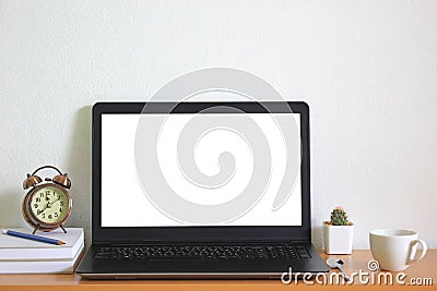 Home freelance desktop with open laptop compute on table Stock Photo