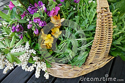 Home: fresh spring produce and flowers in basket Stock Photo