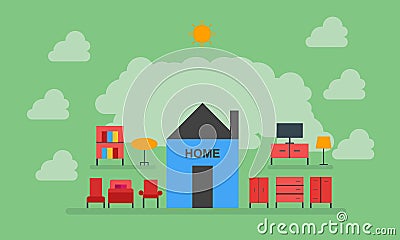 Home, furniture, chair, table, wardrobe, light, television, bed, home sweet home Vector Illustration