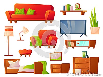 Home furniture. Cozy interior furnitures, bed and sofa, pillows and wooden books shelf. Apartment inside decorations Vector Illustration