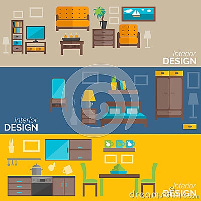 Home furniture design flat banners set Vector Illustration