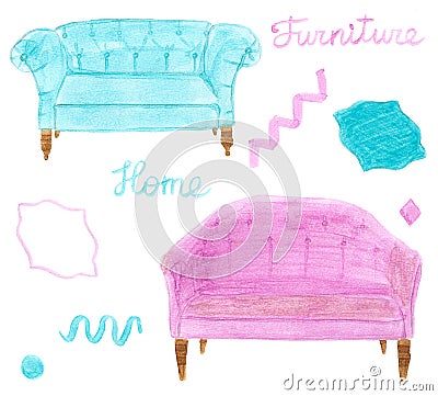 Home furniture. Hand drawn set with sofa or divan Stock Photo
