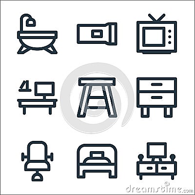 home furniture line icons. linear set. quality vector line set such as home cinema, single bed, chair, cabinet drawer, wooden Vector Illustration