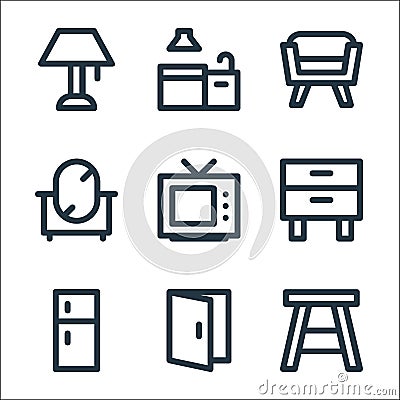 home furniture line icons. linear set. quality vector line set such as wooden chair, door open, refrigerator, cabinet drawer, tv Vector Illustration