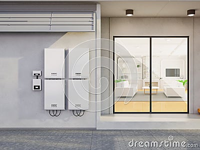 Home garage with ev charger and energy storage system Stock Photo