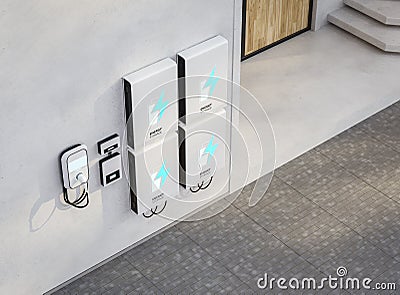 Home garage with ev charger and energy storage system Stock Photo