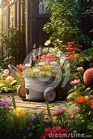 home garden full of flowers. Gardening. Ai Generative Stock Photo