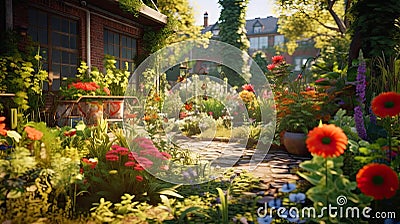 home garden full of flowers. Gardening. Ai Generative Stock Photo