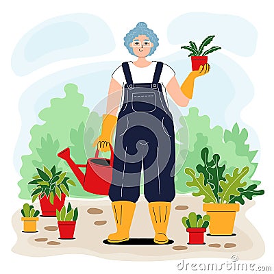 Home gardening character. Elderly woman holding flower pot. Happy gardener with watering can among potted plants. Flat Vector Illustration