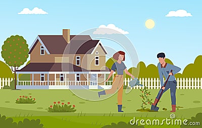 Home gardening. Man digging with shovel and girl watering plant, planting fruit tree, working together in garden the Vector Illustration