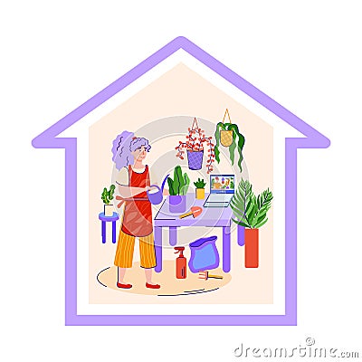 Home gardening in quarantine - cartoon woman watering house plants Vector Illustration