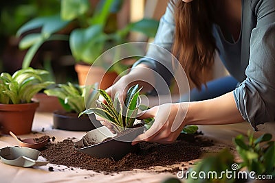 Home gardening Woman cares for sansevieria, transplanting into new pot Stock Photo