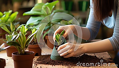 Home gardening Woman cares for sansevieria, transplanting into new pot Stock Photo