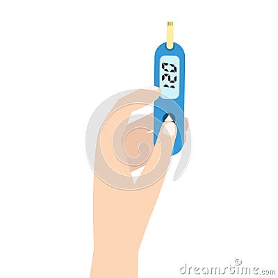 Home glucometer with hand. Flat vector. Vector Illustration