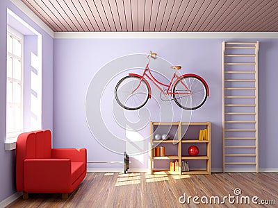 Home gym with bicycle Cartoon Illustration