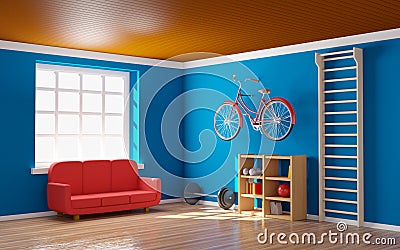 Home gym with bicycle Cartoon Illustration