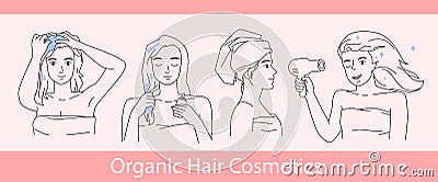 Home hair care and treatment outline set, girls wash hair with shampoo, apply moisturizer Vector Illustration