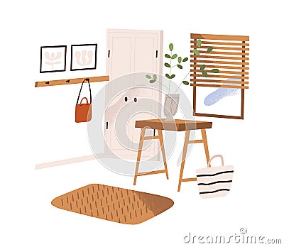 Home hallway interior design. Modern cozy antechamber with door, window, hook, plant and decor. Entry room in Vector Illustration