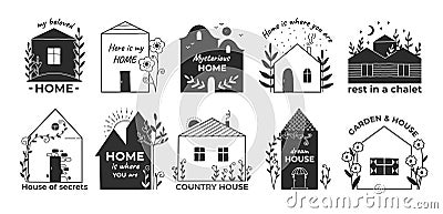 Home hand drawn logo. Doodle village barn and countryside cottage with garden. Real estate sketch emblems for rental property. Vector Illustration