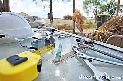 Home handyman tools on table ready to build outdoor project task Stock Photo