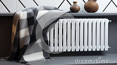 Home heating radiator close-up. Warm gray checkered plaid hanging on the central heating battery Stock Photo