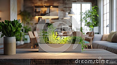 Home Herbal Garden with Artificial Lighting in living room Stock Photo