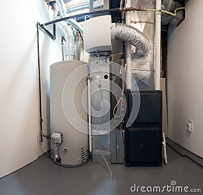 A home high efficiency furnace, boiler water heater and humidifier. Stock Photo