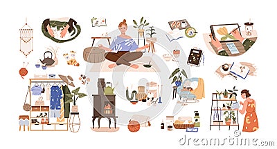 Home hobbies, pastime, pleasures set. Recreation activities, pleasant leisure, homey rest. Cozy hygge stuff for indoor Vector Illustration