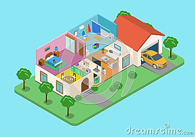 Home house interior exterior room flat 3d isometric vector Vector Illustration